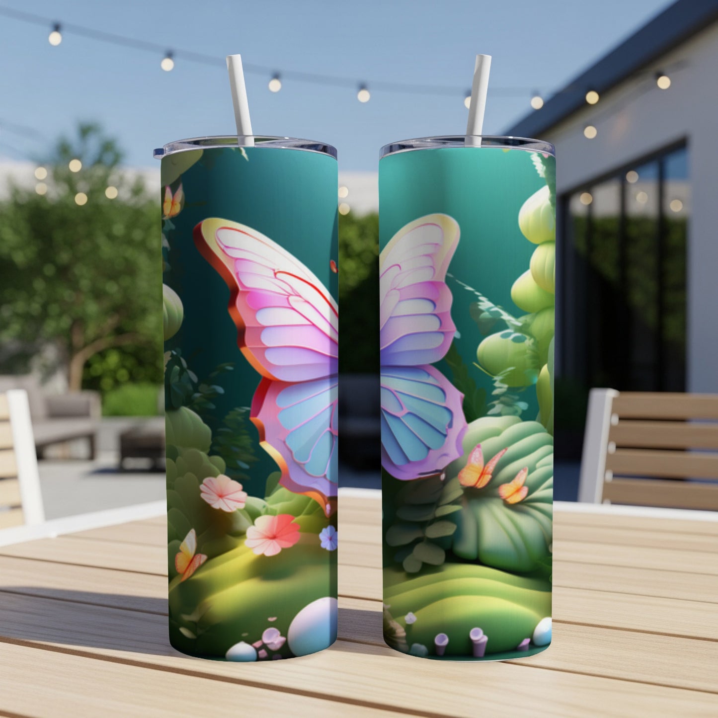 Two tumblers featuring a pastel butterfly design with floral and green leafy backgrounds.