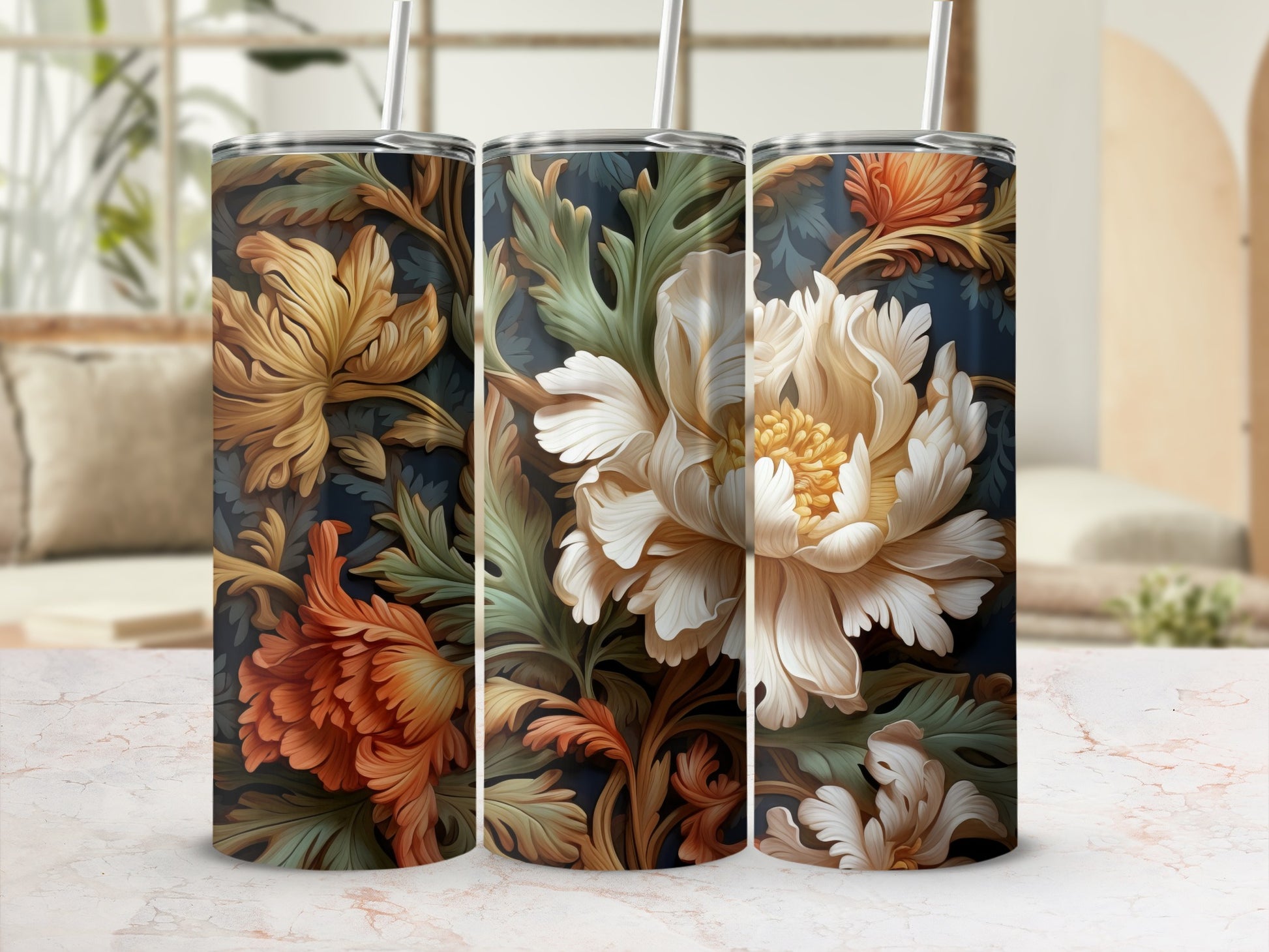 Three tumblers with a detailed floral pattern in warm, muted colors.