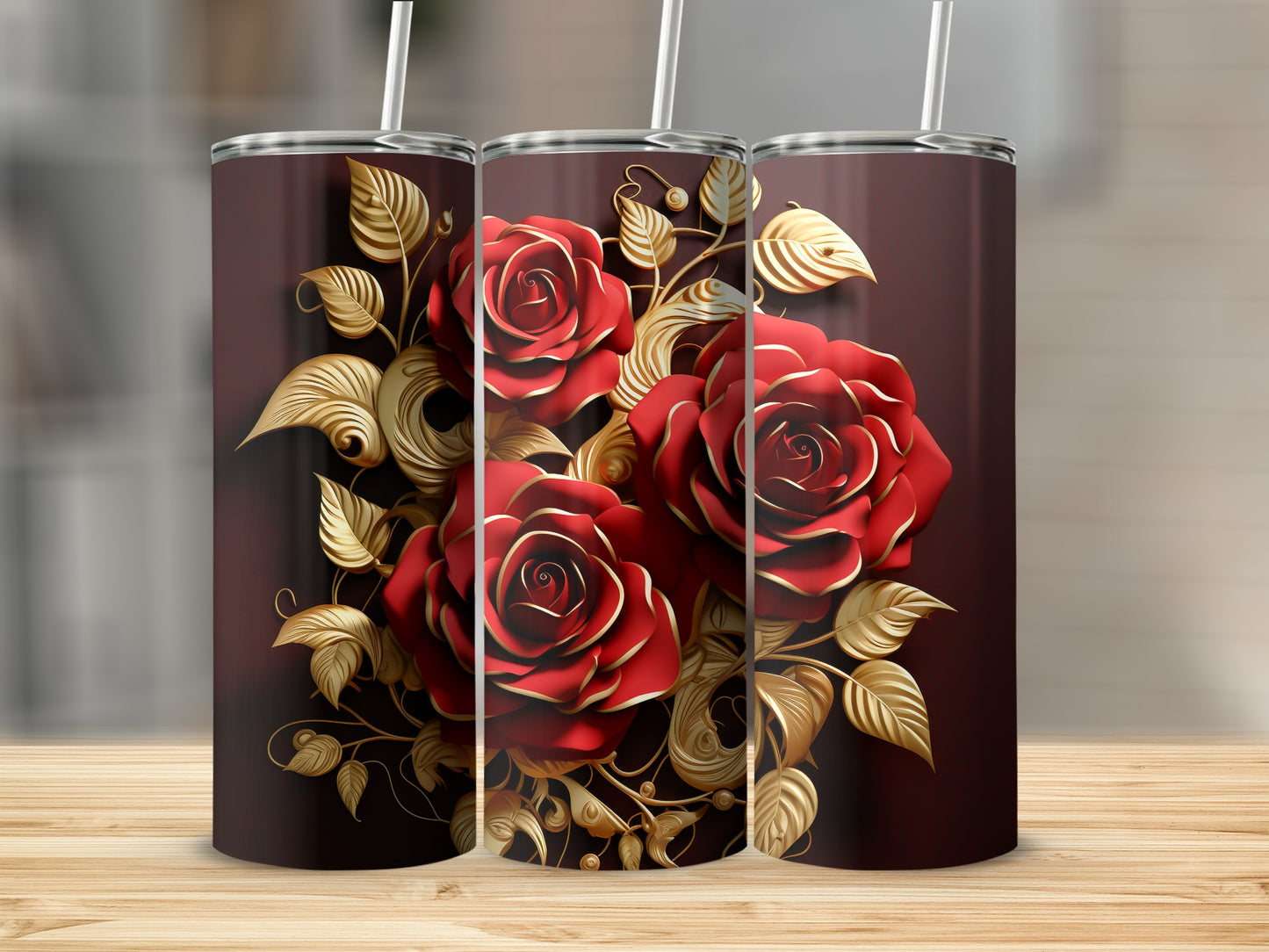 Three tumblers with red roses and gold leaves design.