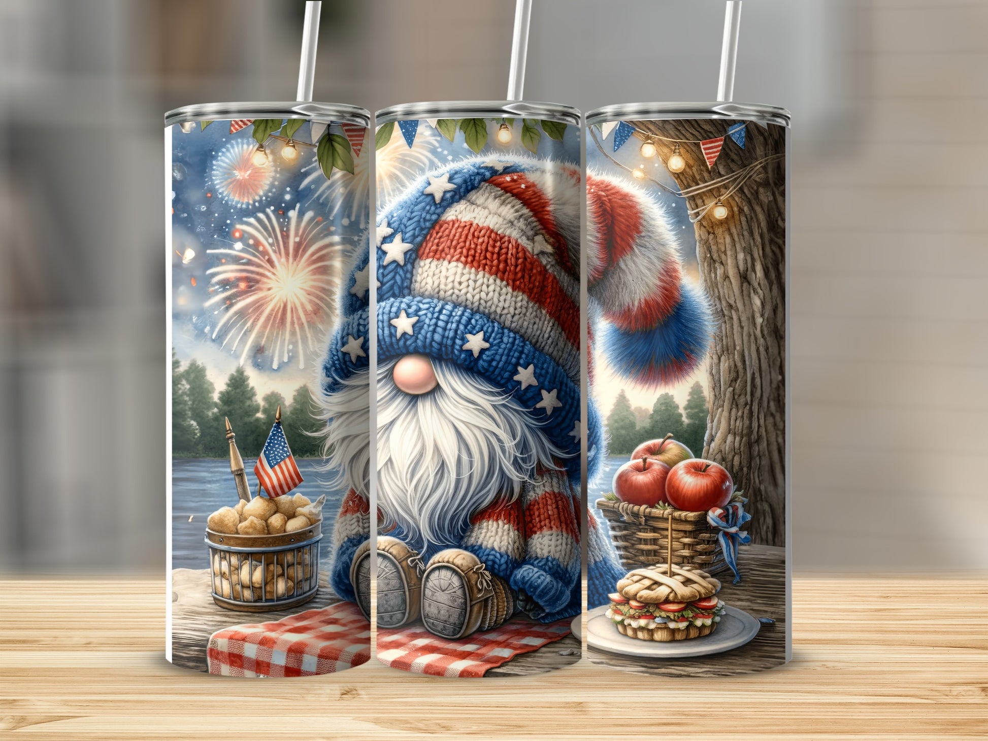 Patriotic gnome in striped hat with fireworks, apples, and sandwich.