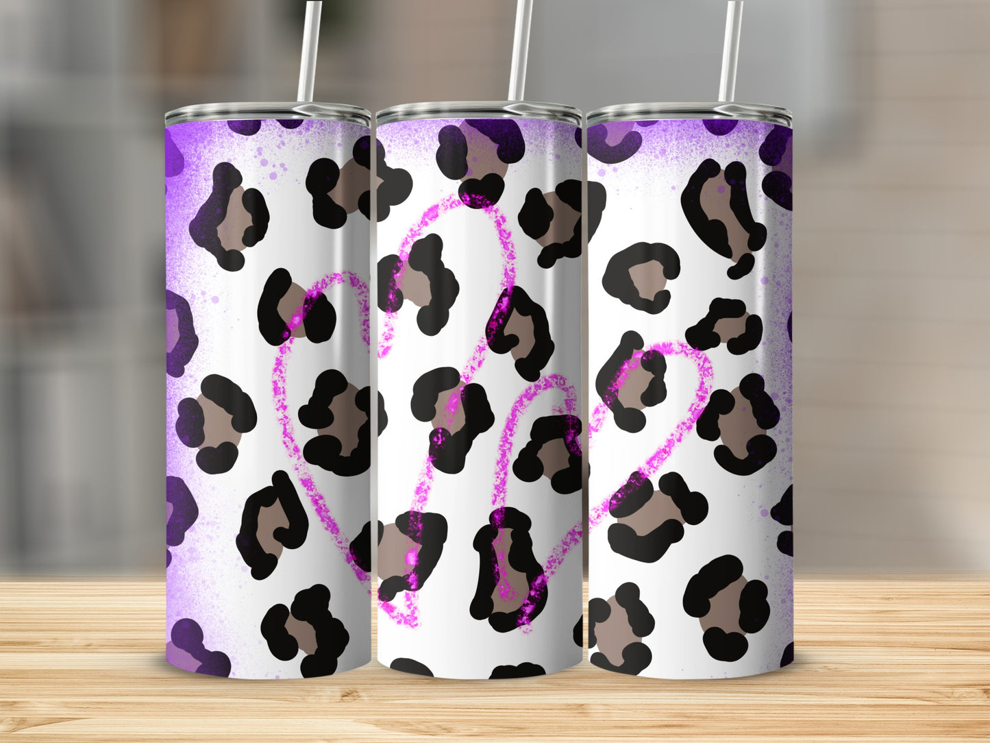 Purple and Black Leopard Print Heart Tumbler Cup