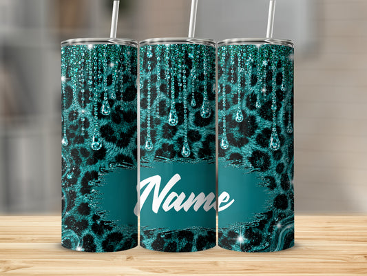 Three teal cheetah print tumblers with dripping glitter accents and the word "Name".