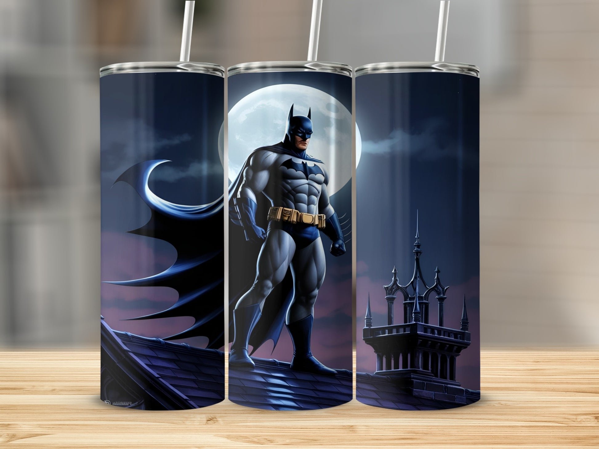 Batman standing on a rooftop with a full moon and cityscape behind him.