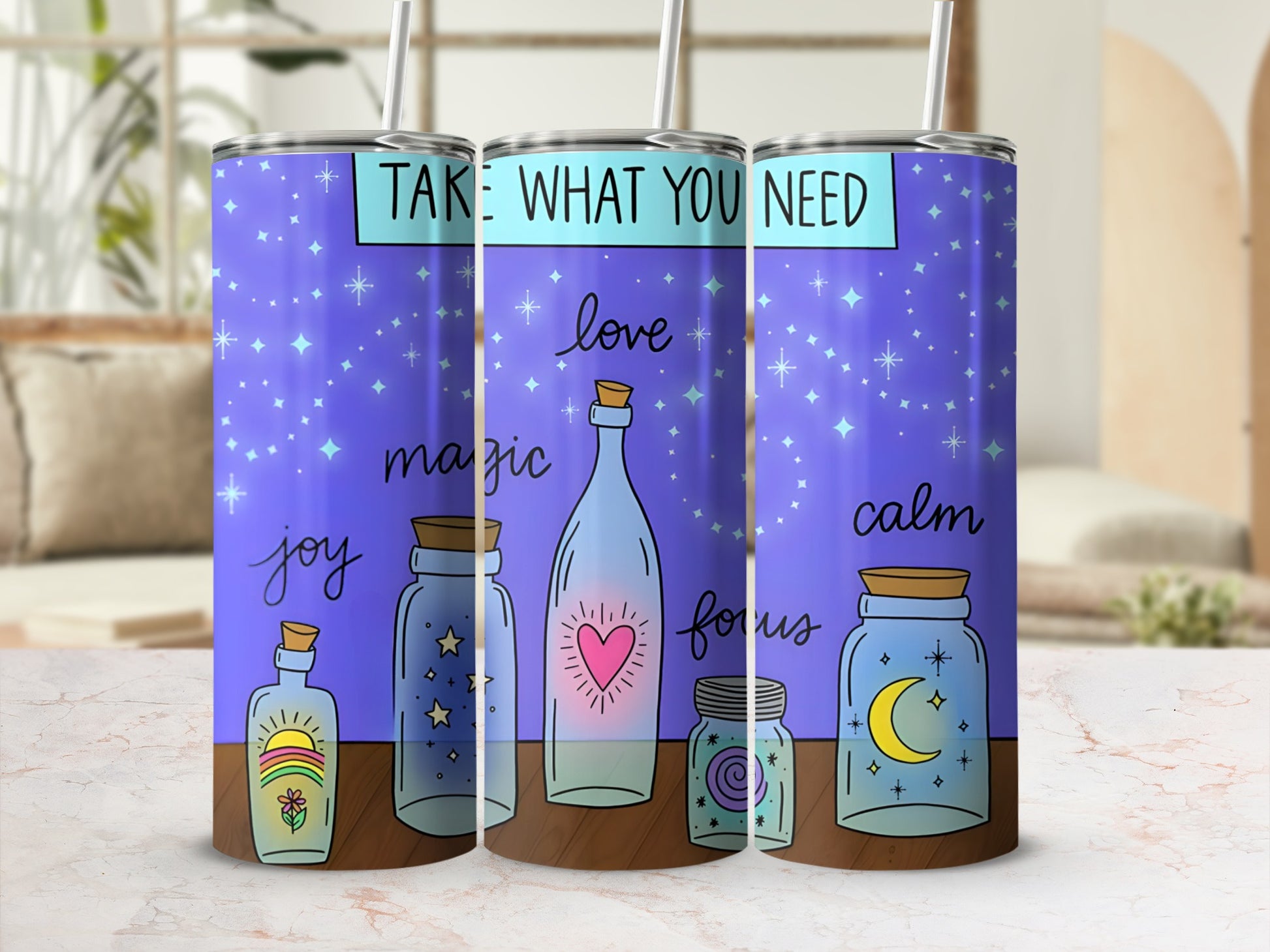 Inspirational Bottles Print on Blue Background Tumbler