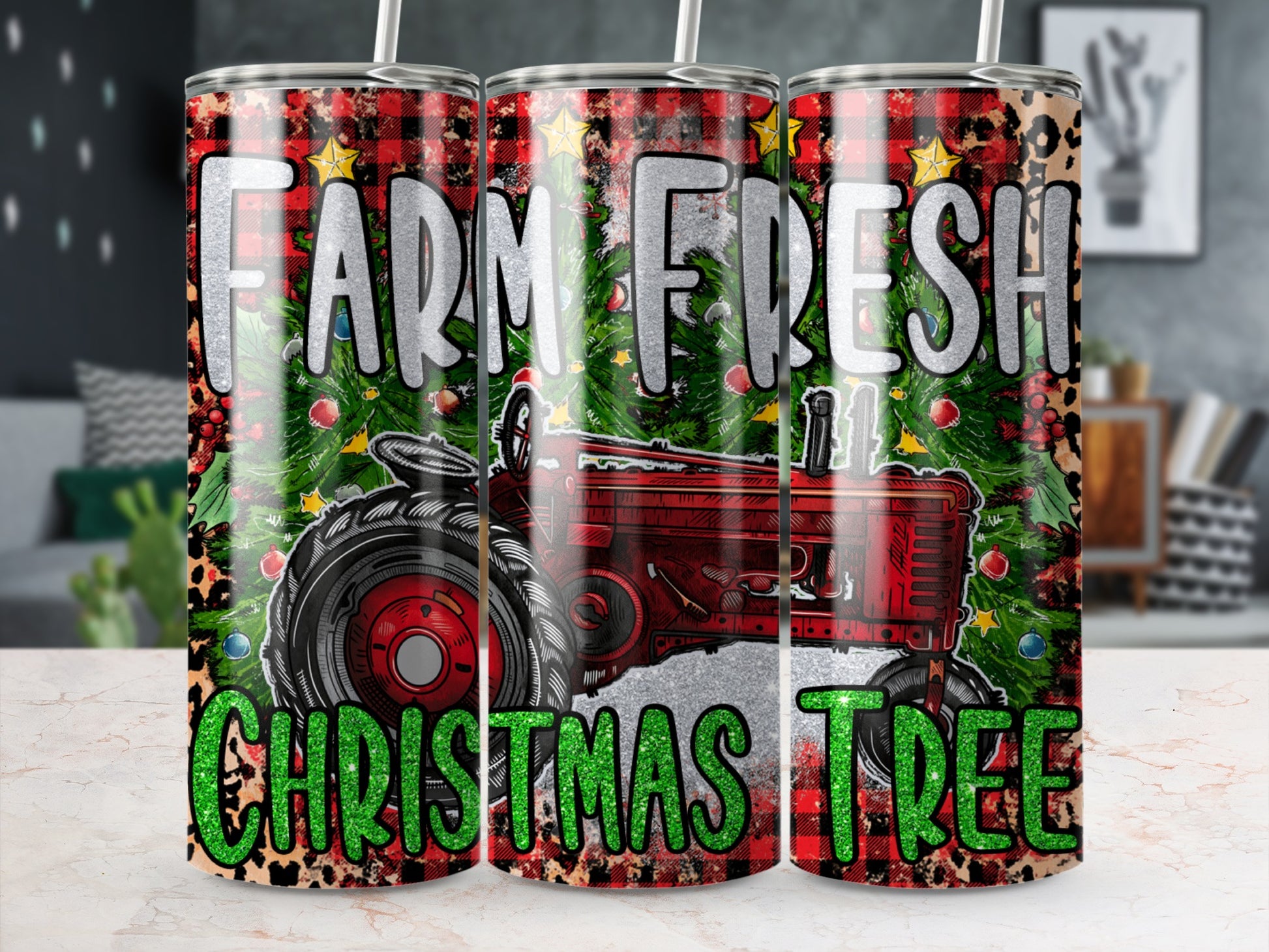 Red tractor and Christmas trees with "Farm Fresh Christmas Tree" text.