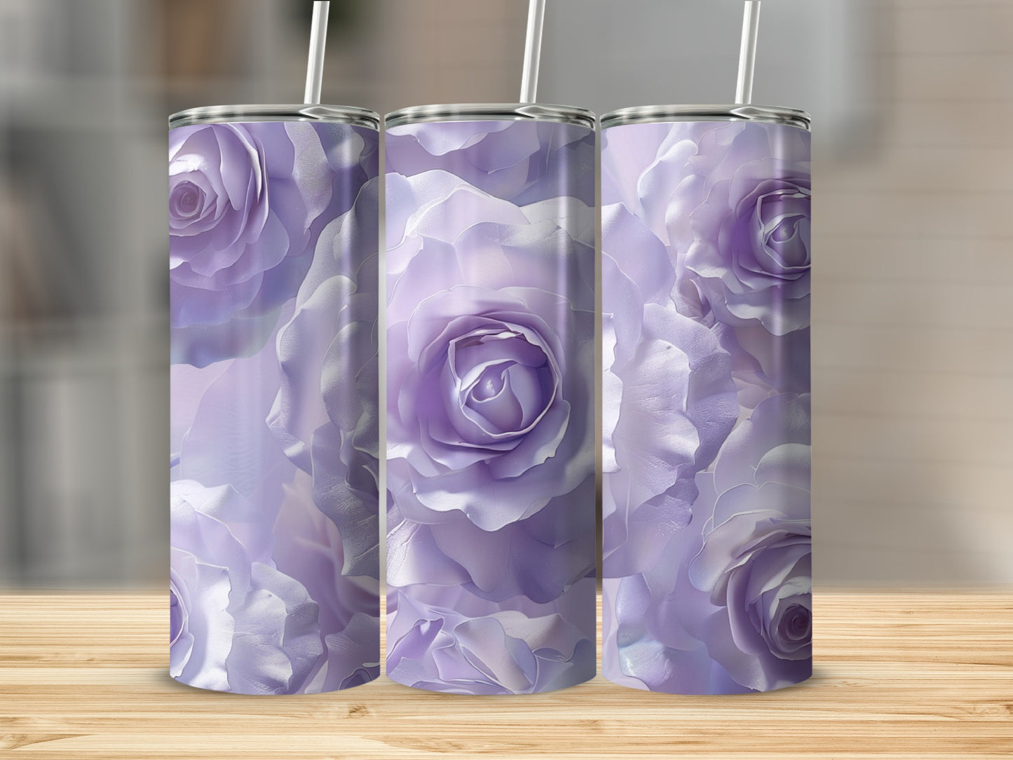 Three tumblers with a close-up purple rose floral pattern.
