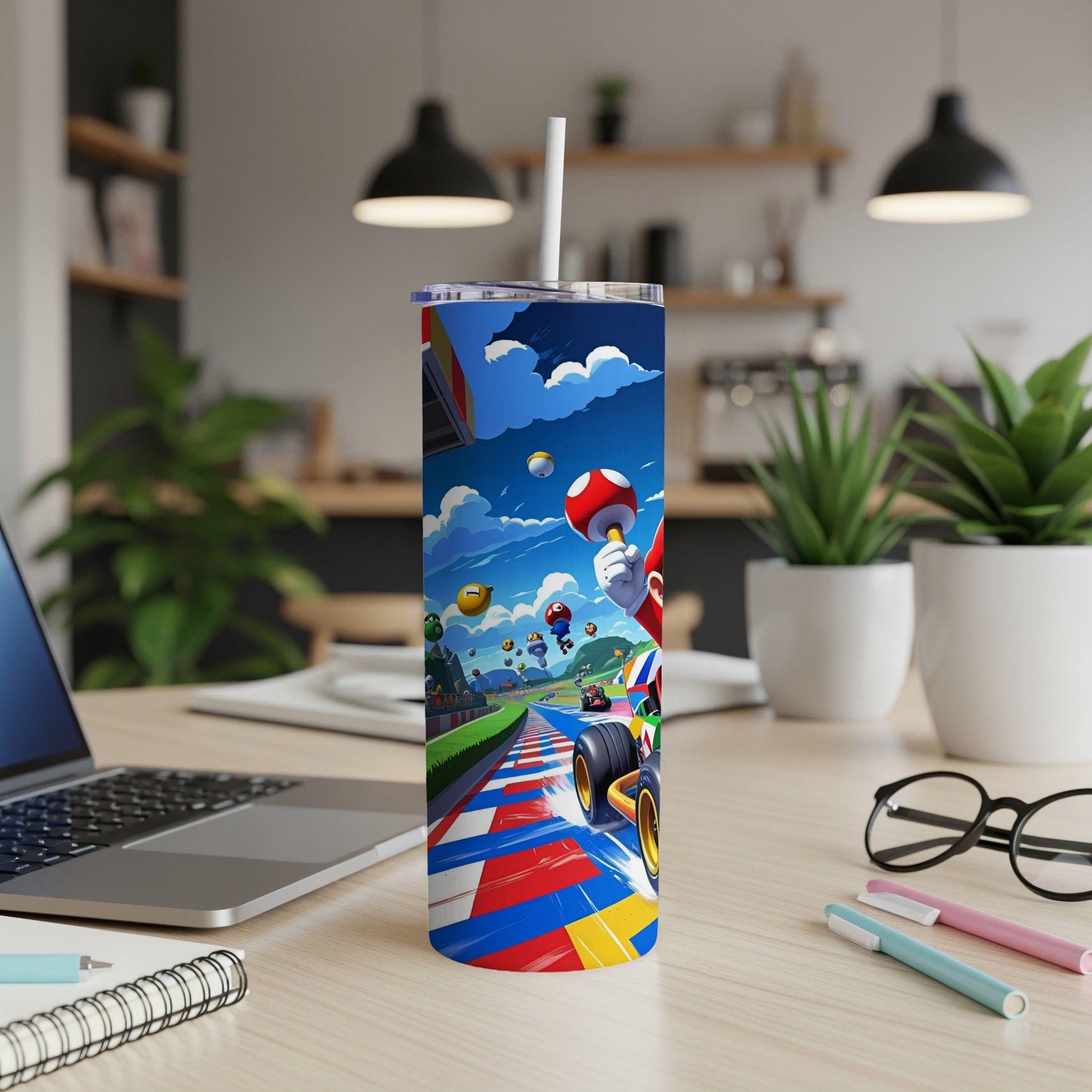 Mario Kart characters race on a colorful track on a tumbler.