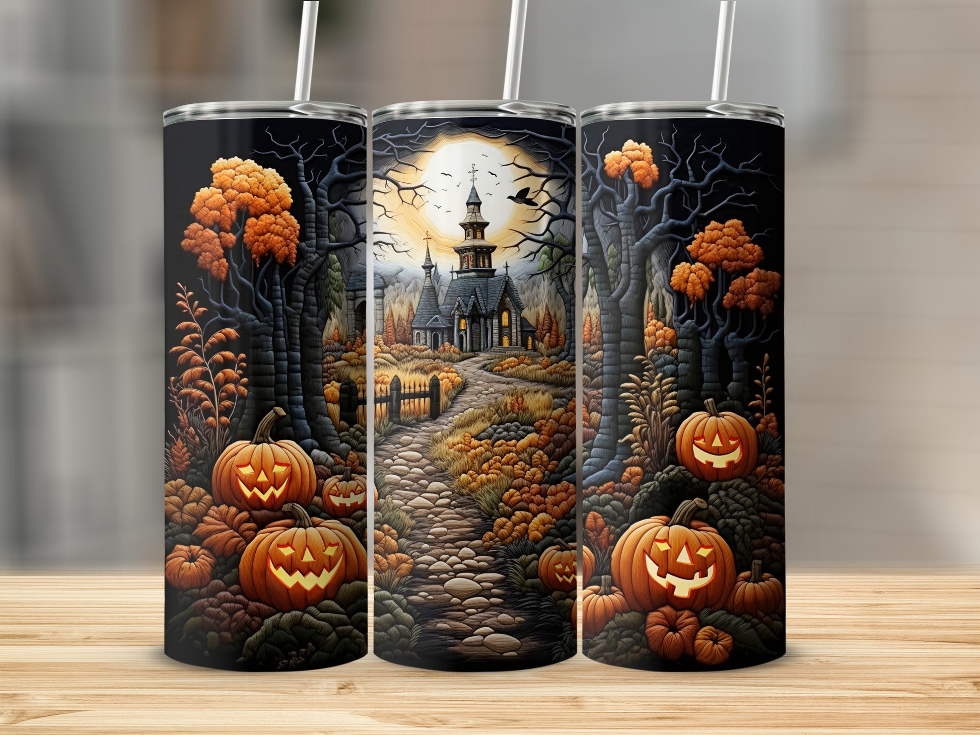 Halloween tumblers with spooky forest scene, jack-o'-lanterns, and a moonlit castle.