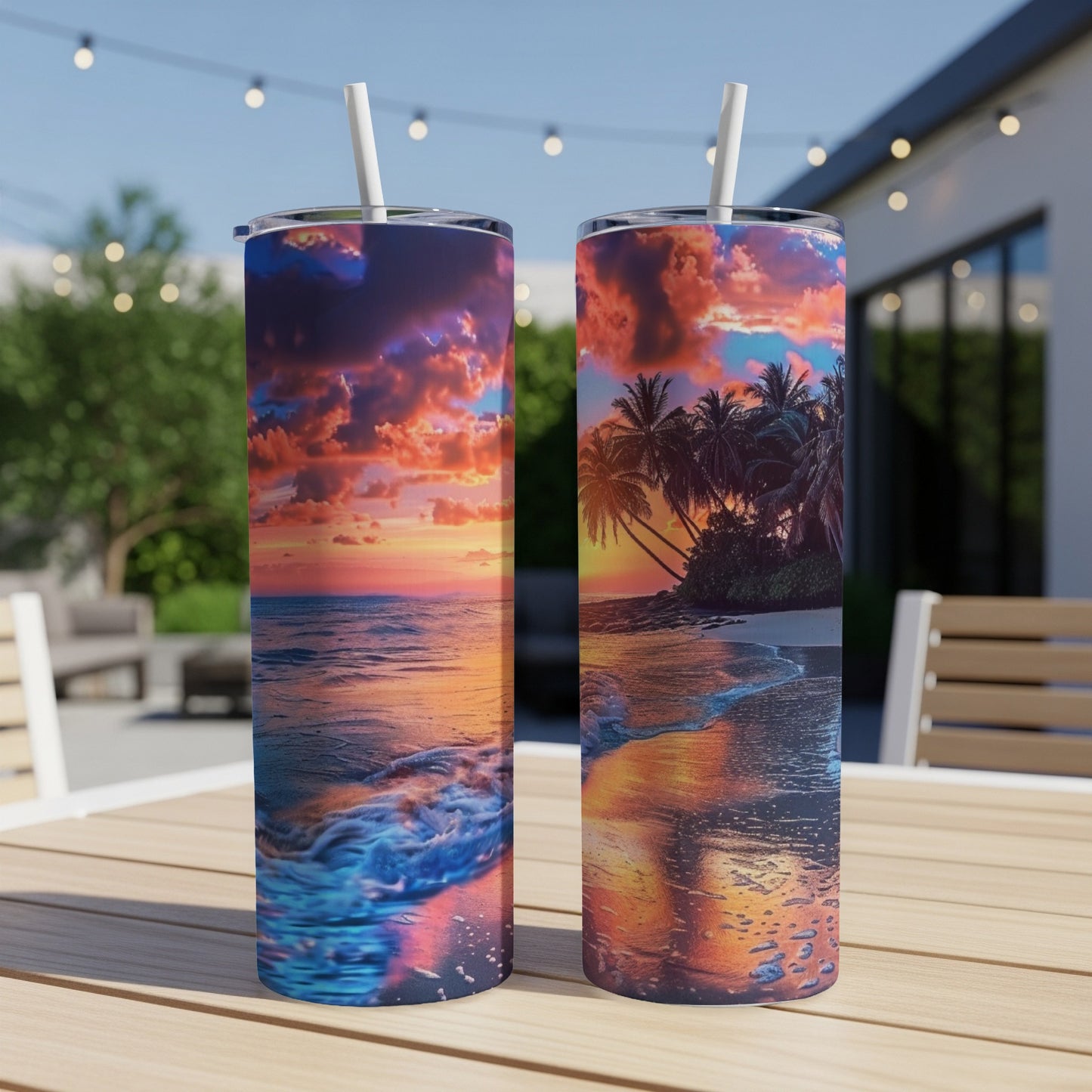 Two tumblers displaying vibrant tropical sunset beach scenes.