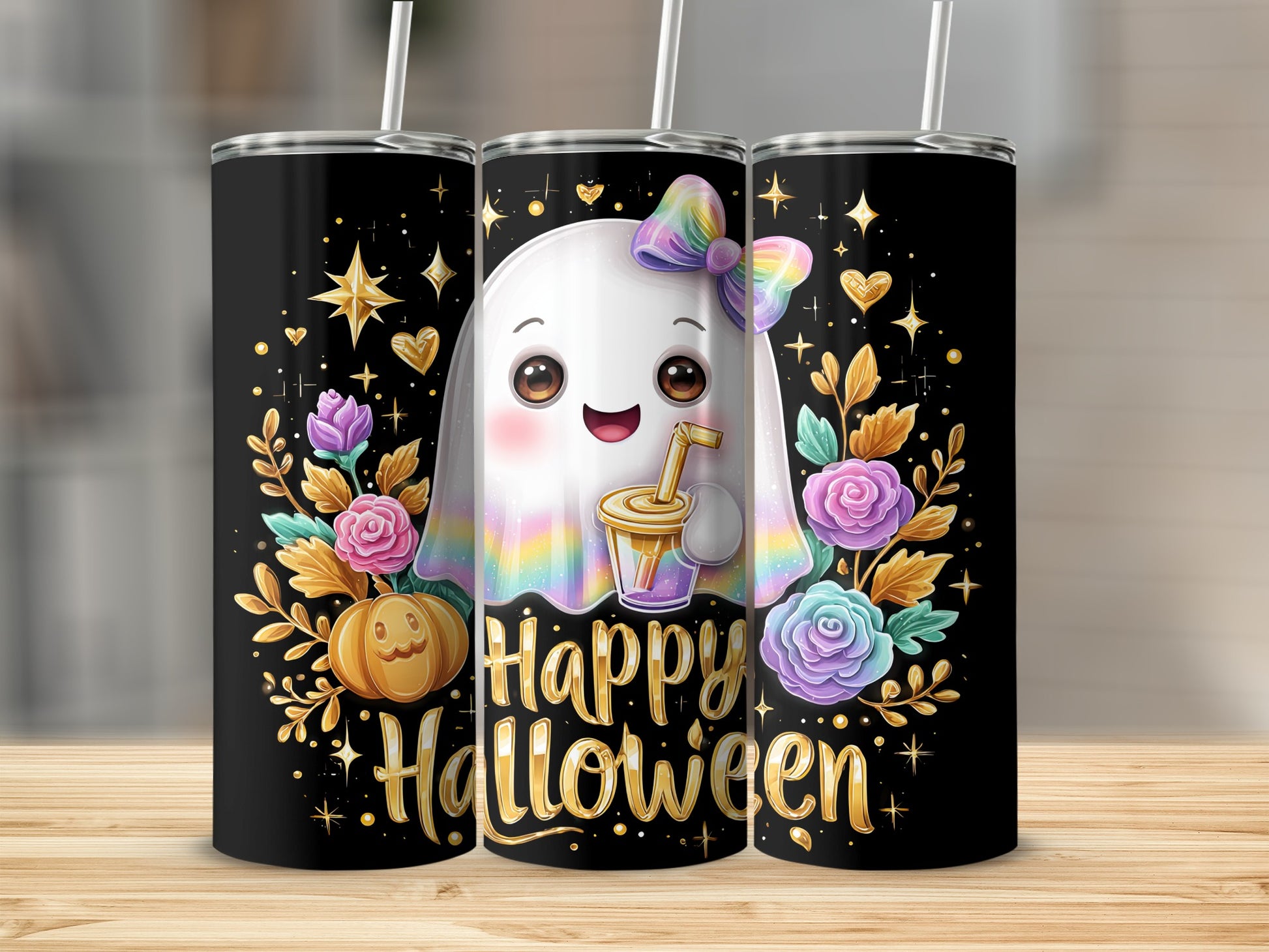Colorful Halloween Ghost and Pumpkin Tumbler Design