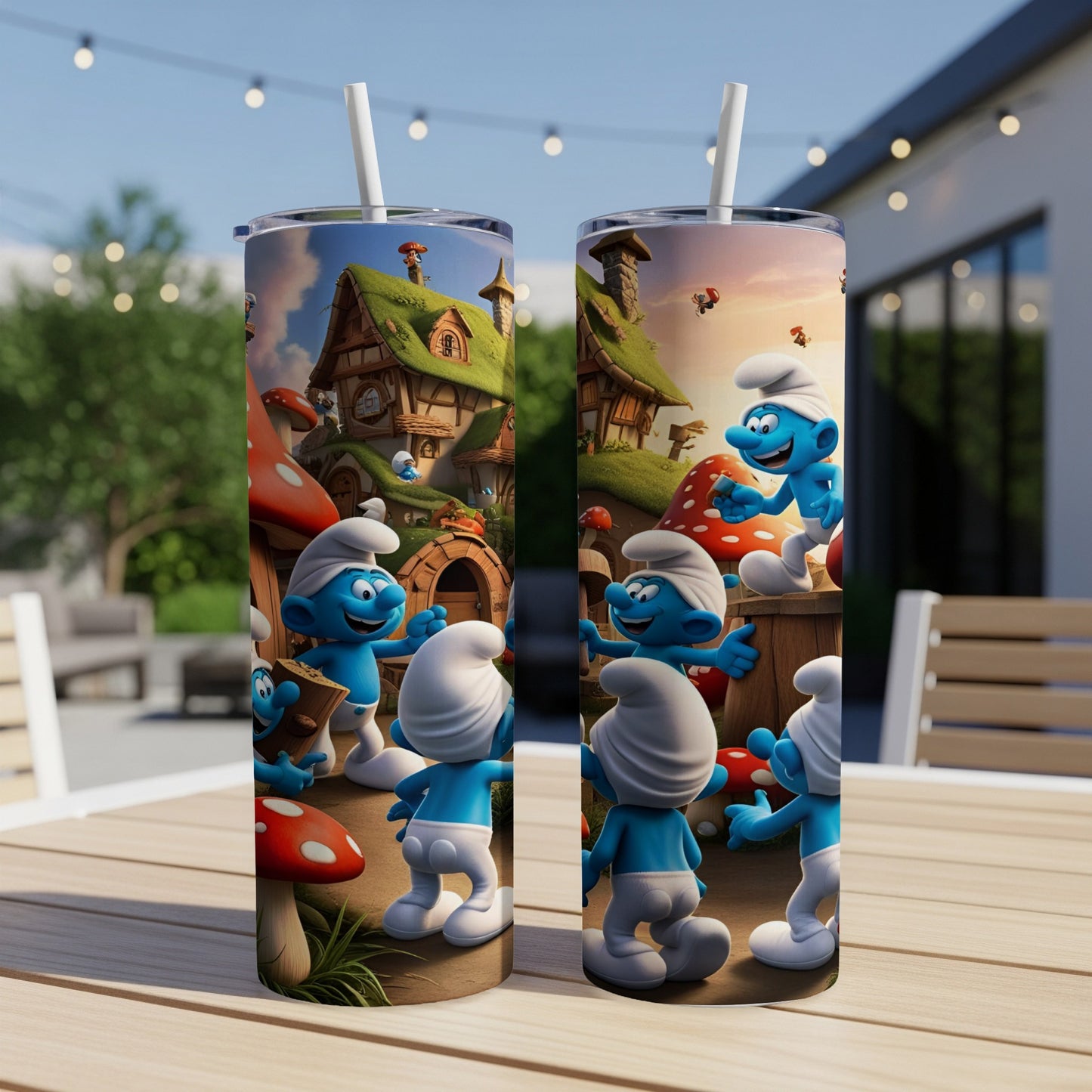 Smurfs in a village with mushroom houses and a white background.