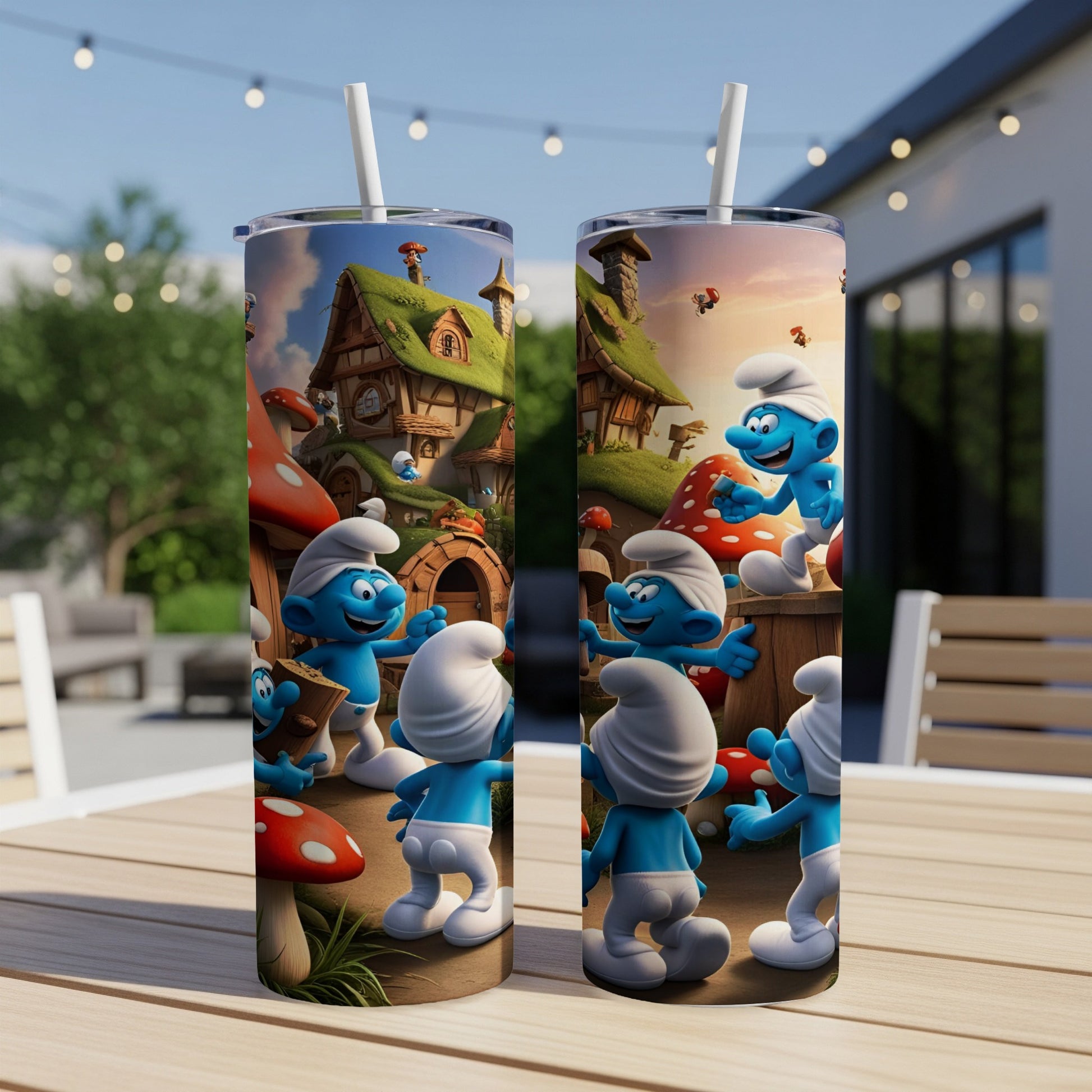 Smurfs in a village with mushroom houses and a white background.