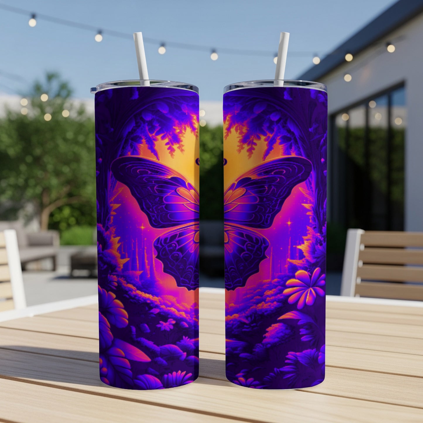 Purple and orange butterfly design on a pair of white tumblers.