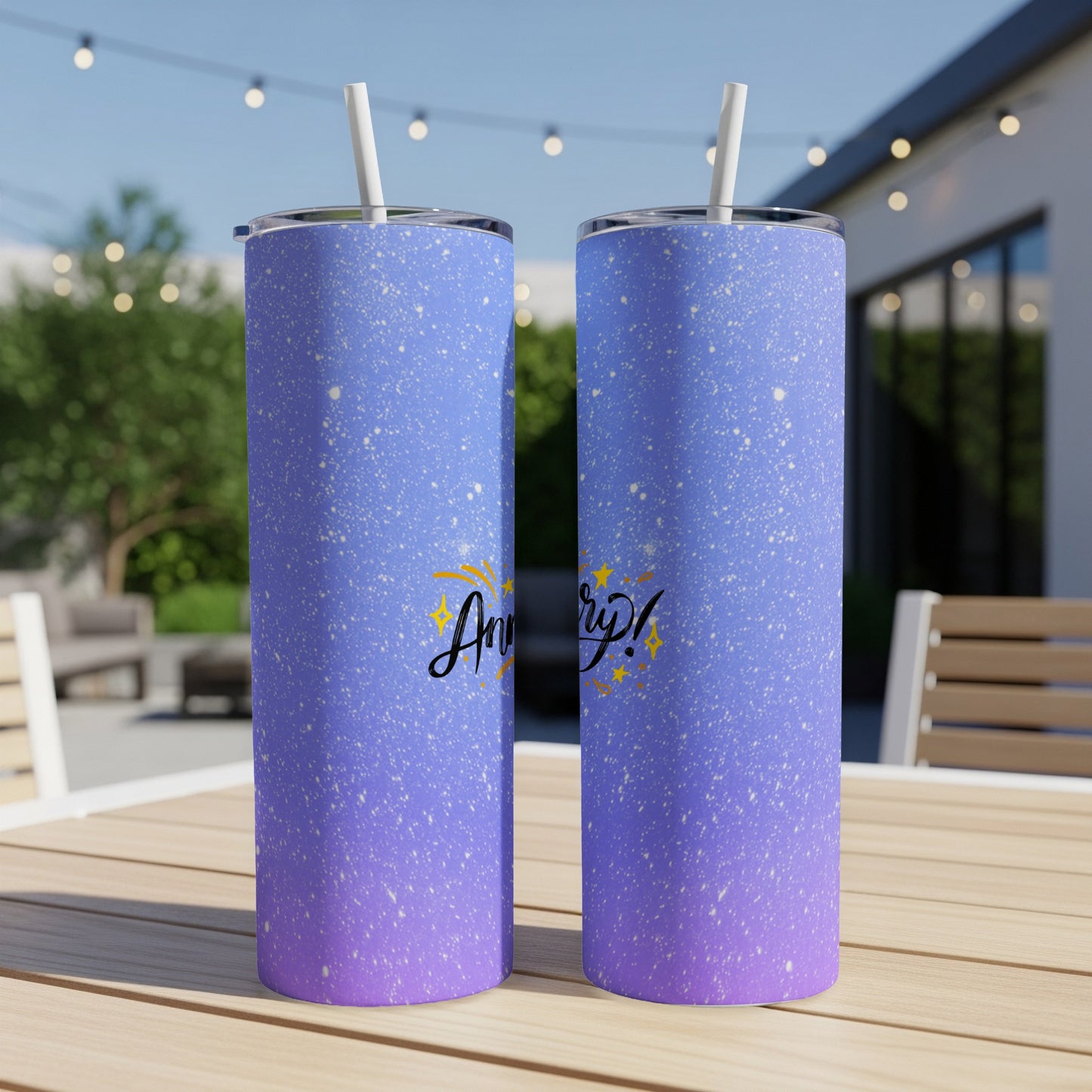 Two purple gradient tumblers with speckled white dots and "Annivory!" text.