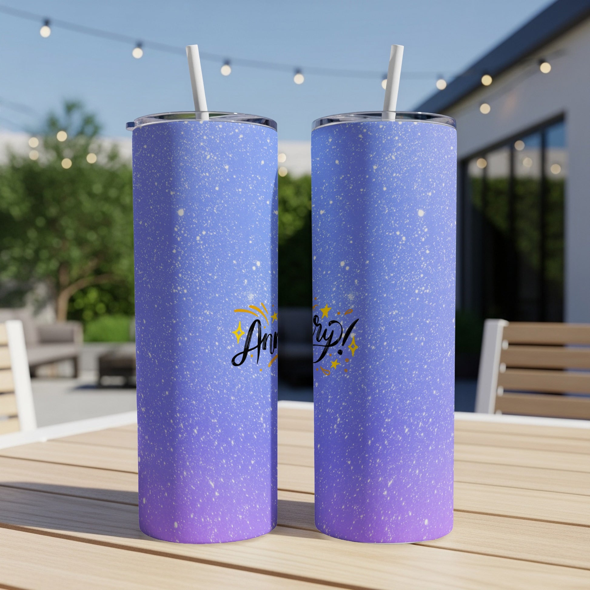 Two purple gradient tumblers with speckled white dots and "Annivory!" text.