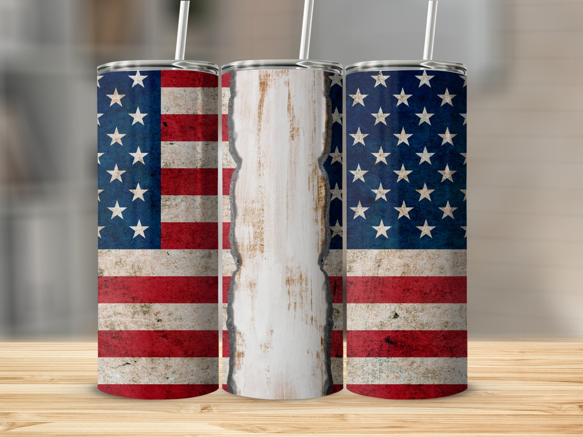 Three American flag tumblers with distressed texture.