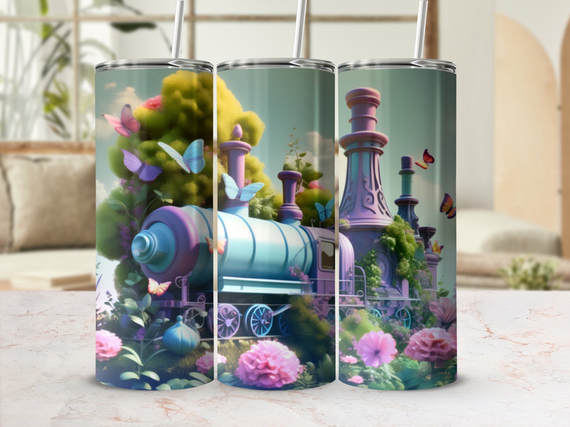Train with butterflies and flowers on a pastel background.