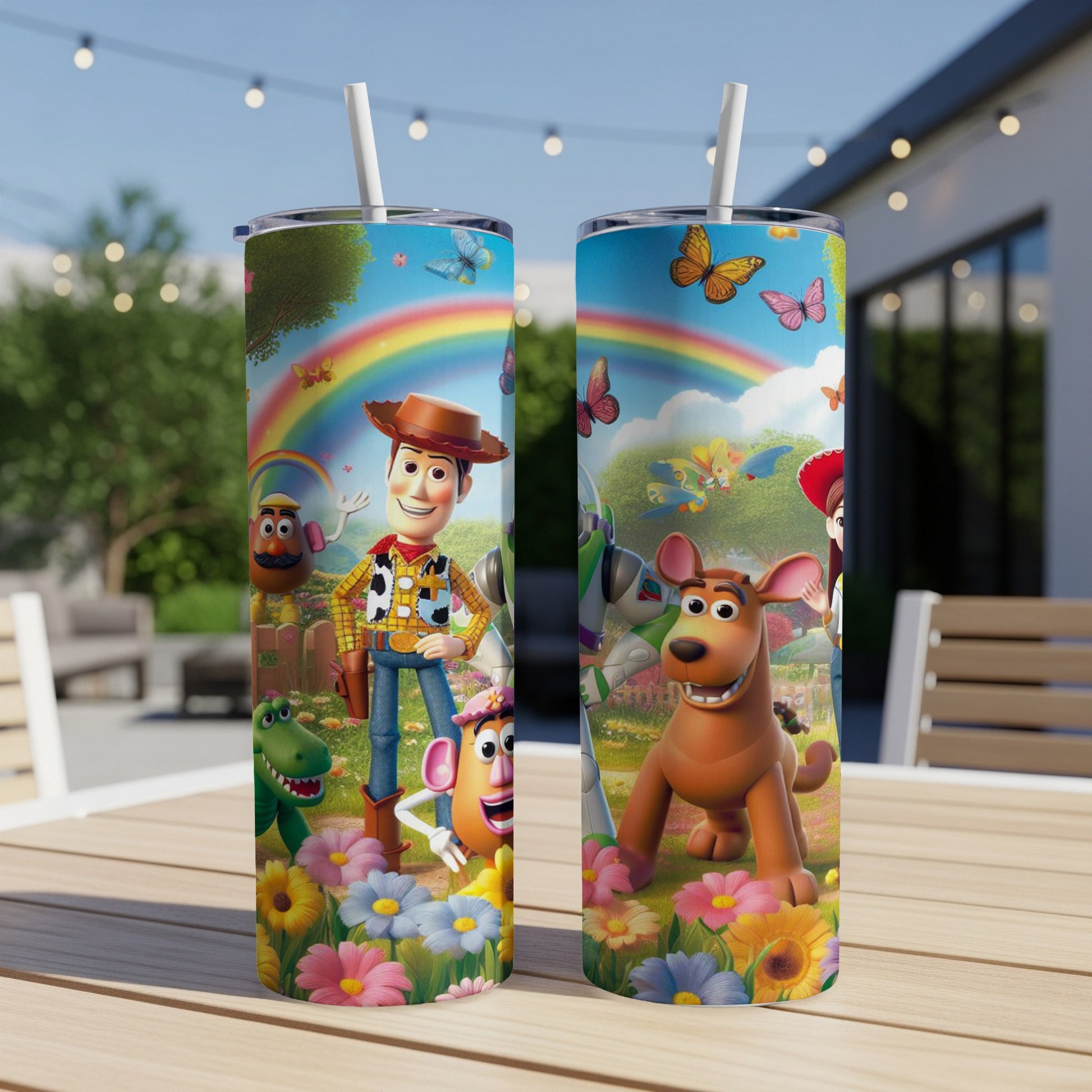Toy Story characters on a colorful floral tumbler with a straw.