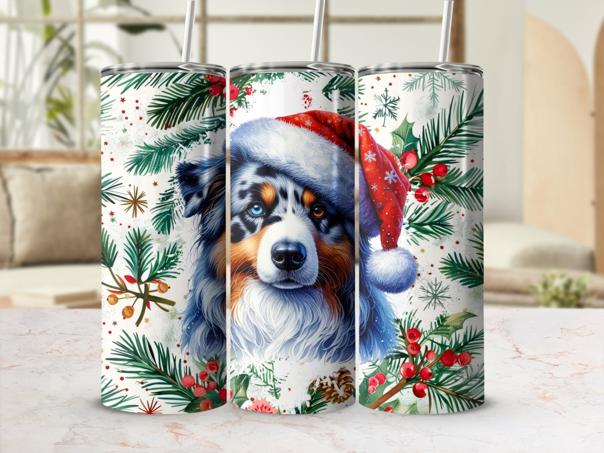 Triptych of tumblers featuring a blue-eyed Australian Shepherd wearing a Santa hat.