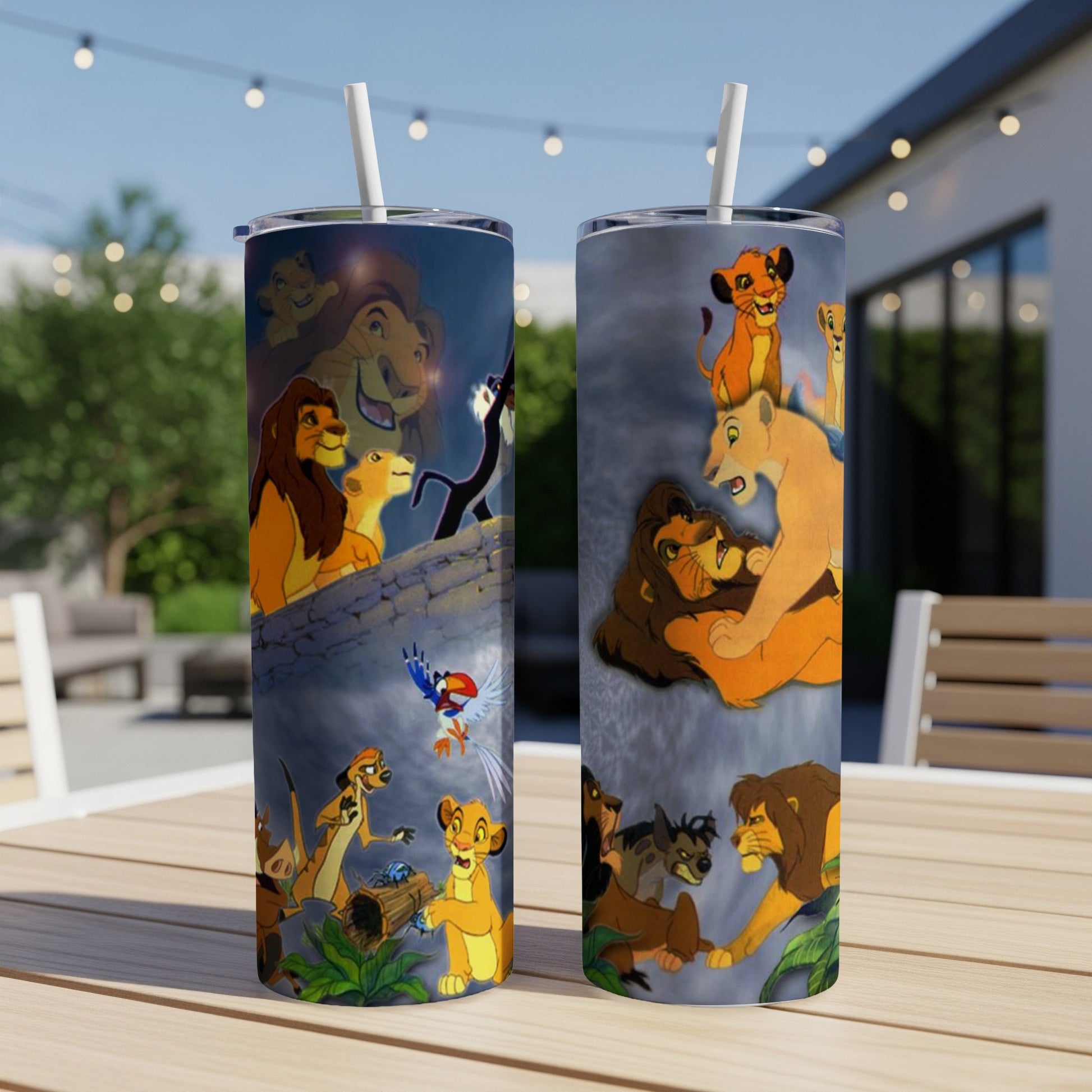 The Lion King characters on a blue background with subtle jungle imagery.