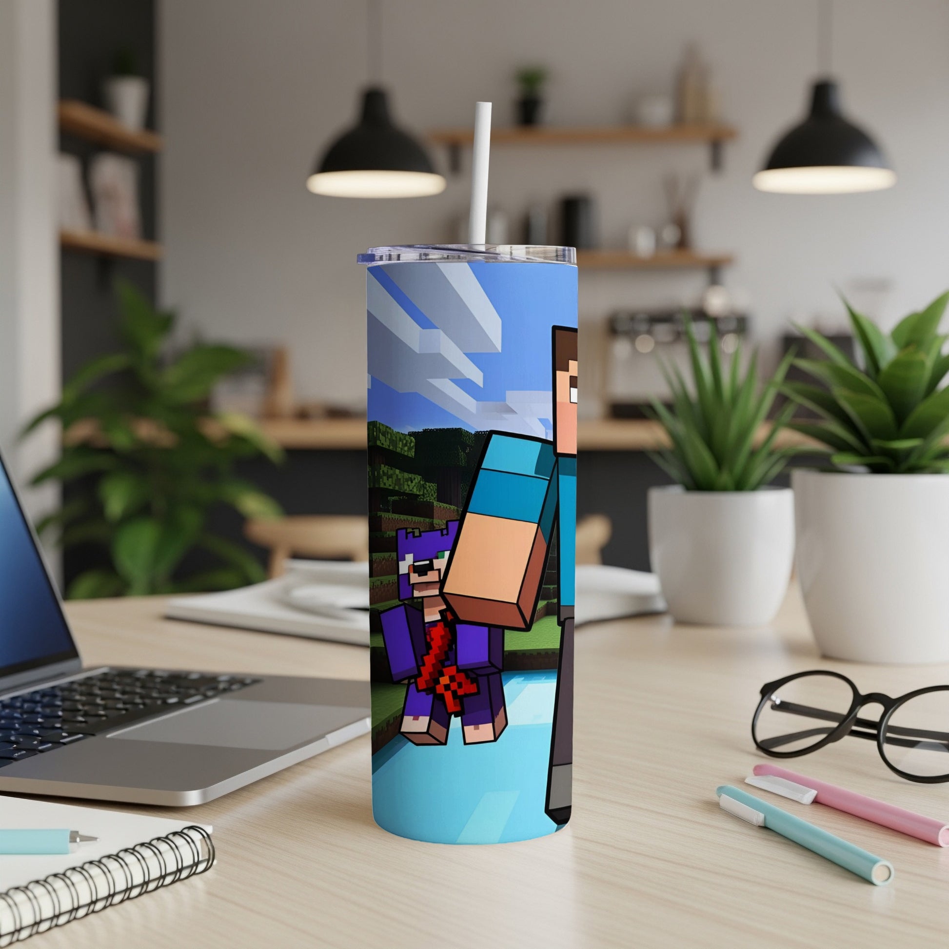 Minecraft characters holding a purple stuffed creature on a blue and green tumbler.
