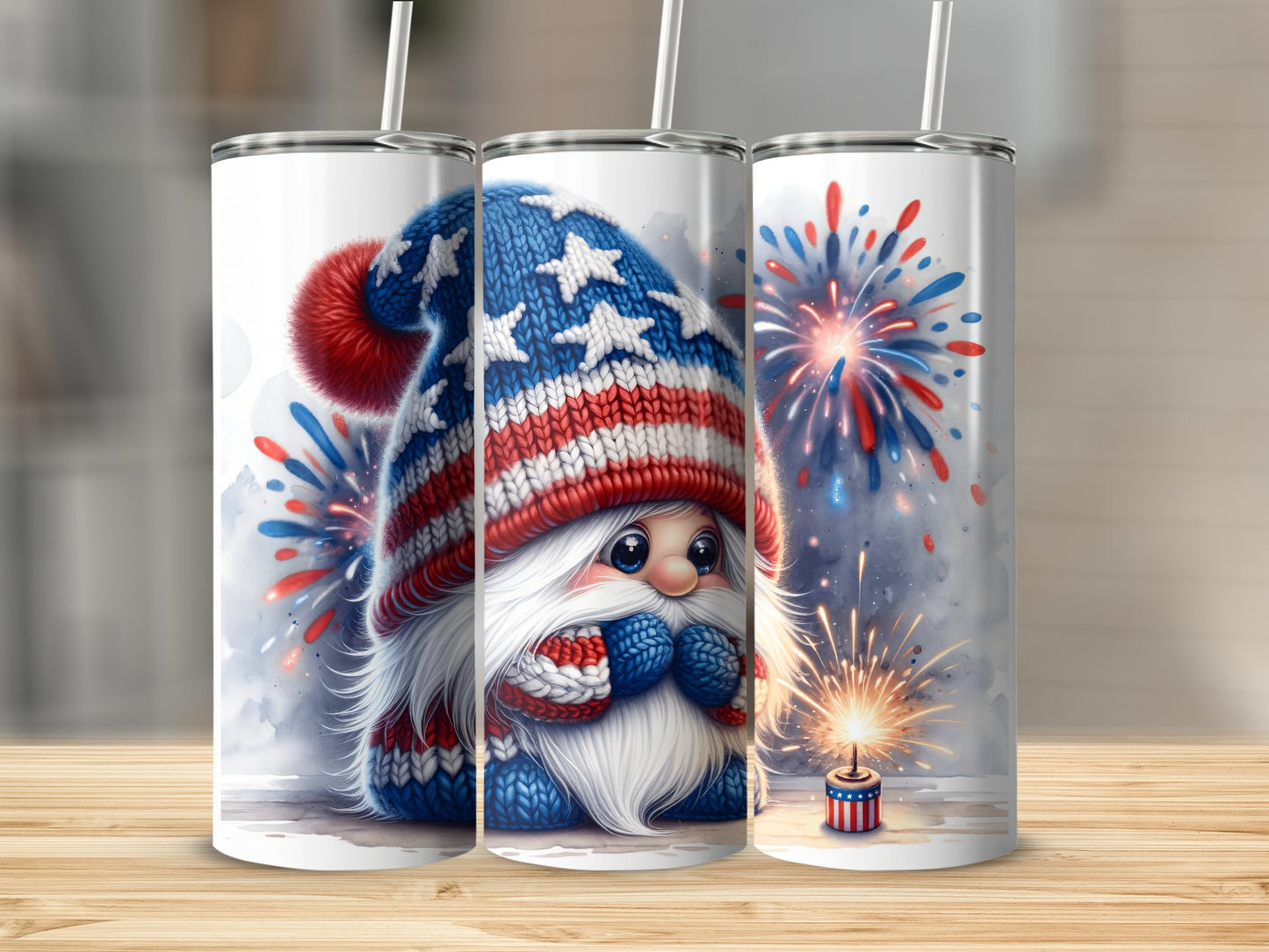 Patriotic gnome in red, white, and blue hat with fireworks and sparklers.