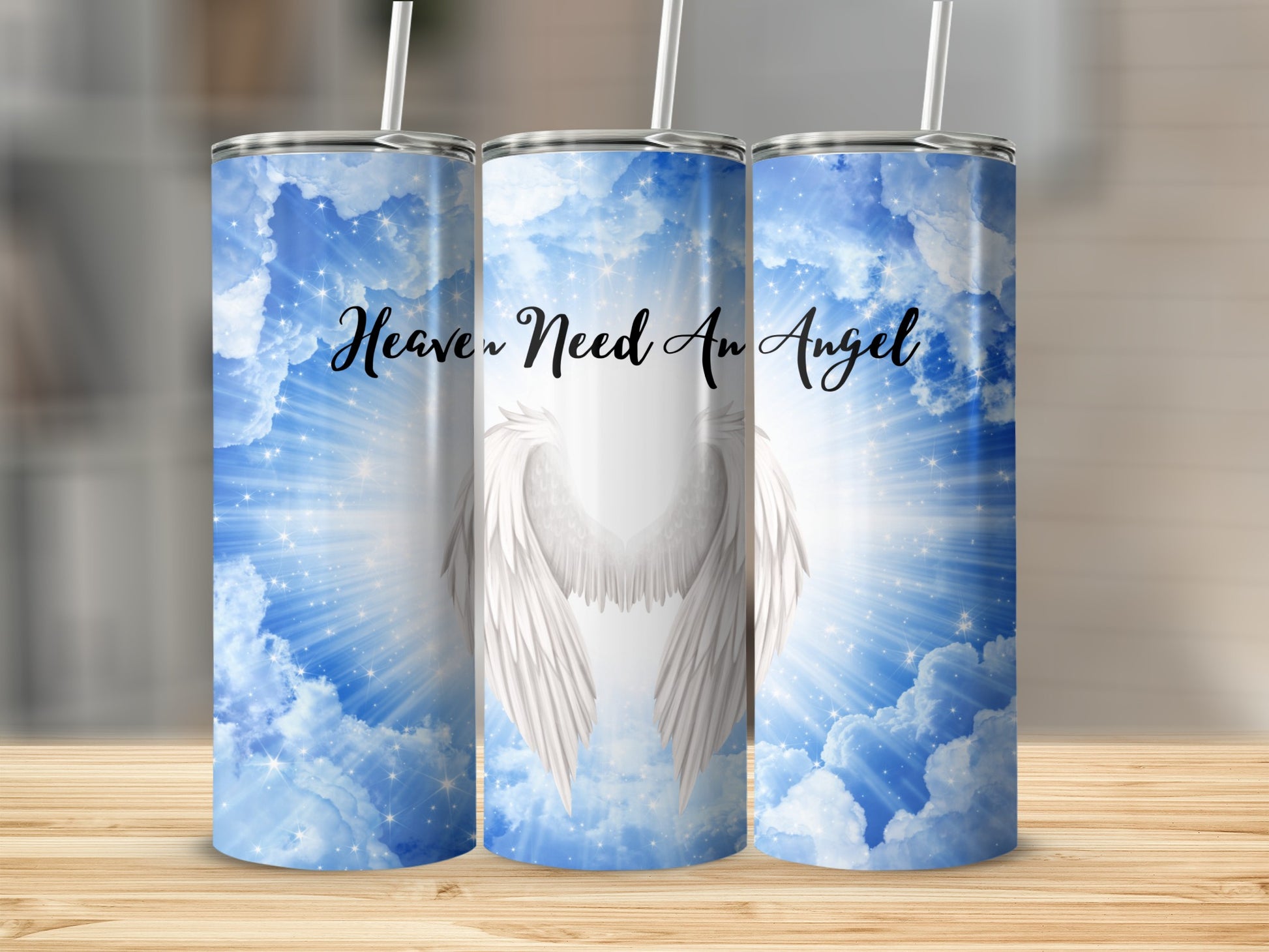 White feathered wings against a bright sky with clouds and text "Heaven Need An Angel".