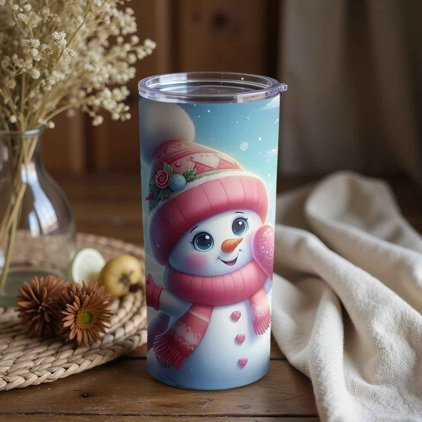 Winter Snowman with Pink Scarf Tumbler