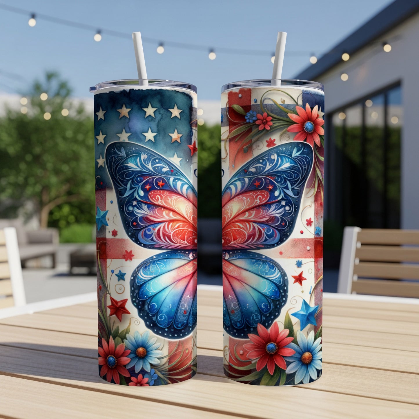 Two patriotic butterfly tumblers with red, white, and blue stars and flowers.