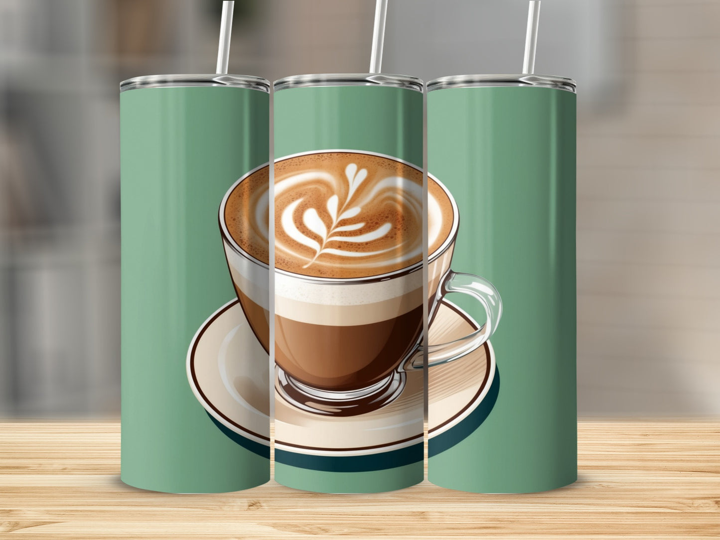 Tall tumbler with a latte art coffee cup design.