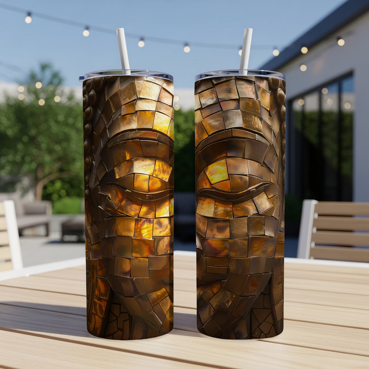 Two identical tall tumblers with a mosaic Buddha face design.