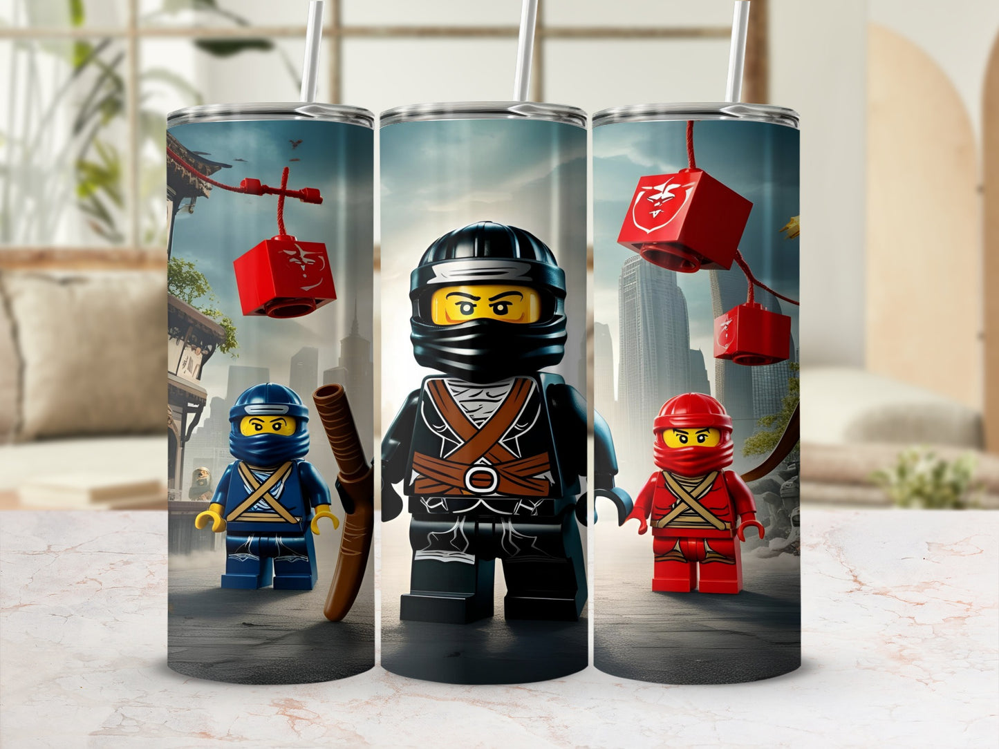 Three Ninjago characters with weapons against a city backdrop.