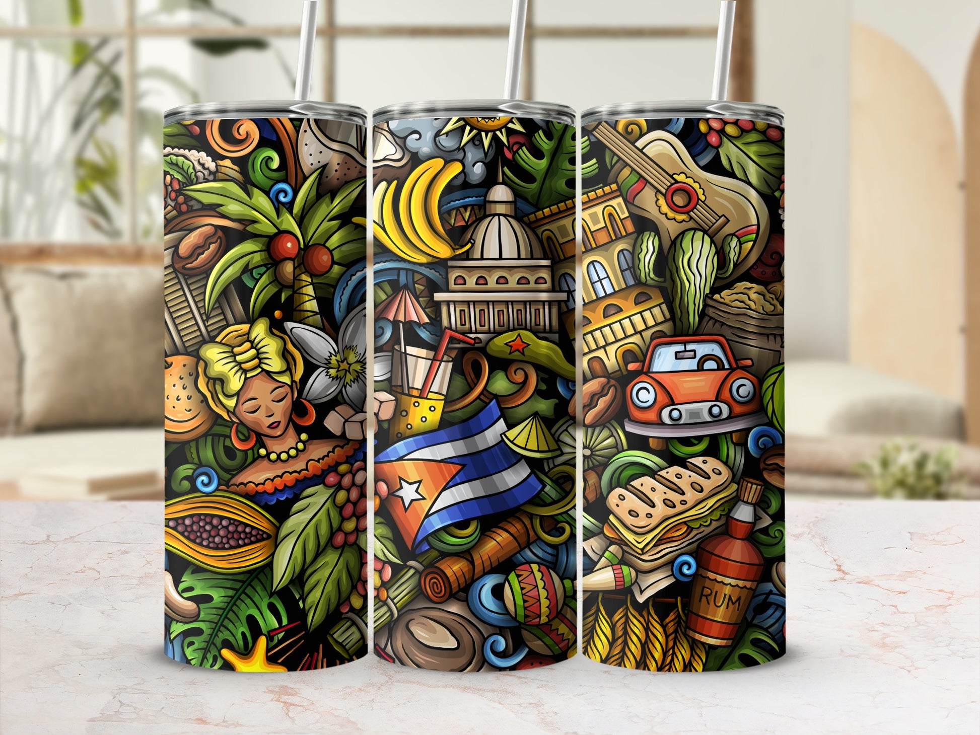Vibrant Tropical Cuban Themed Illustration Tumbler