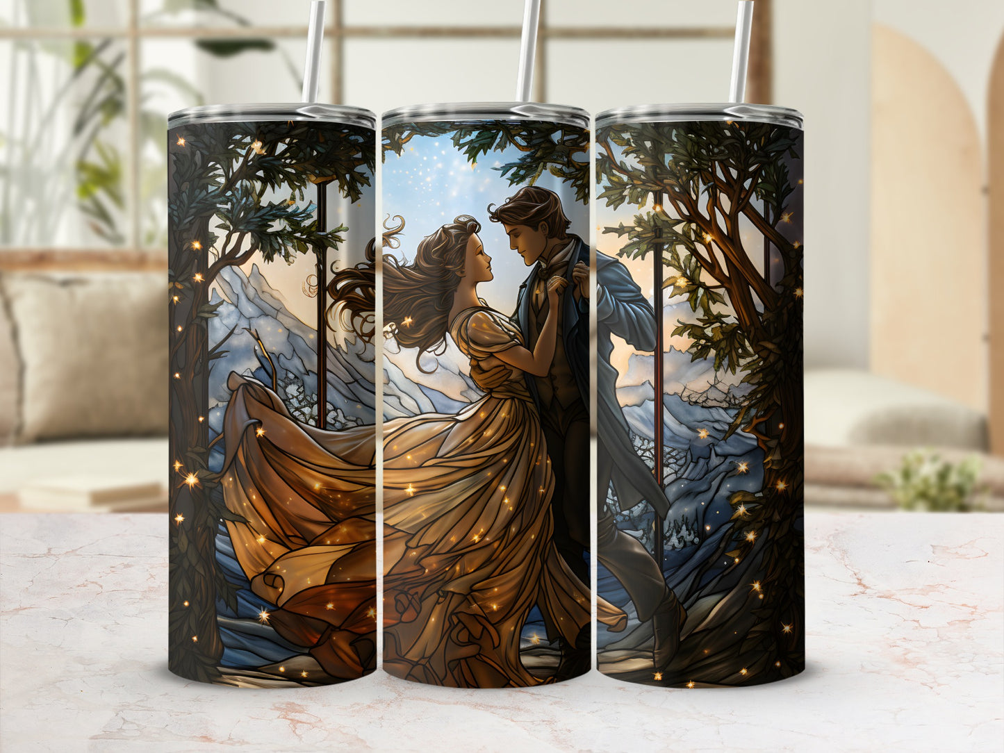 Couple dancing in a starry forest under a stained-glass moon.