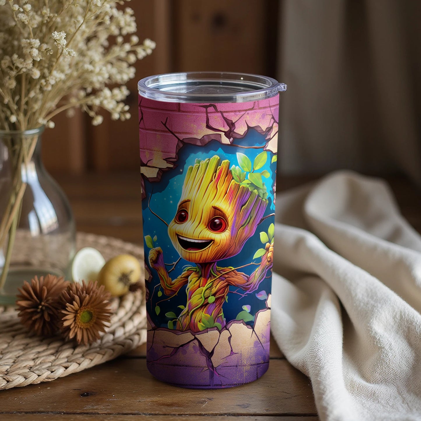 Cute cartoon character breaking through tumbler