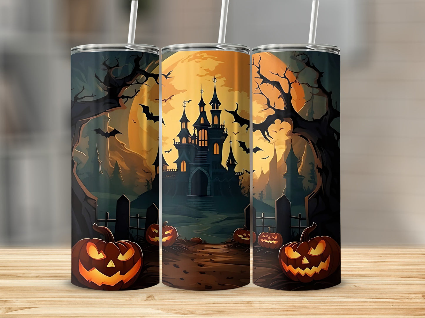 Spooky Halloween Castle and Pumpkins Tumbler