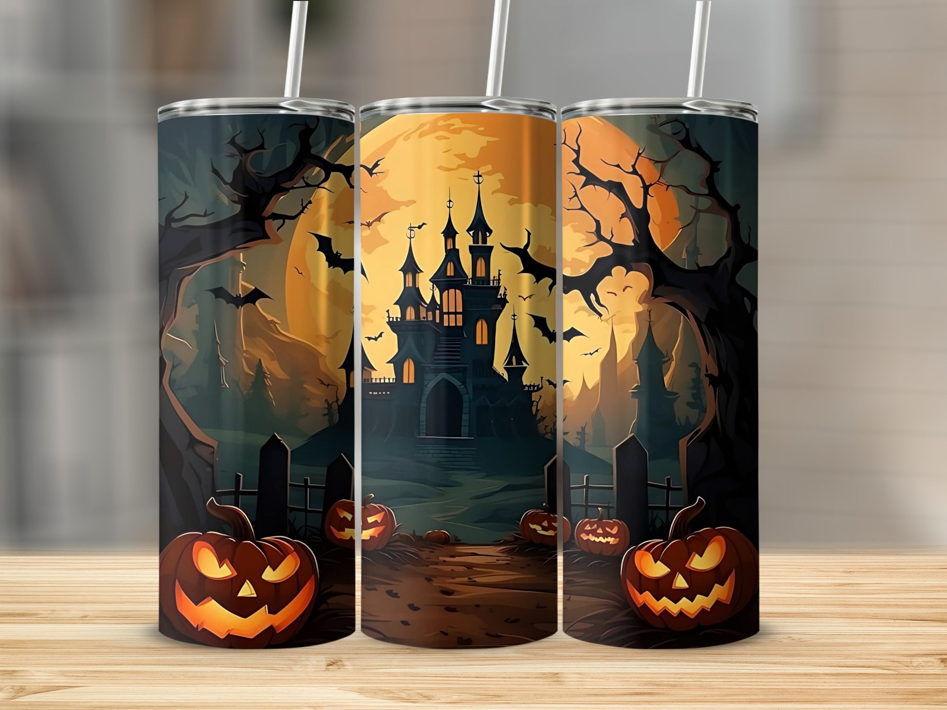 Spooky Halloween Castle and Pumpkins Tumbler