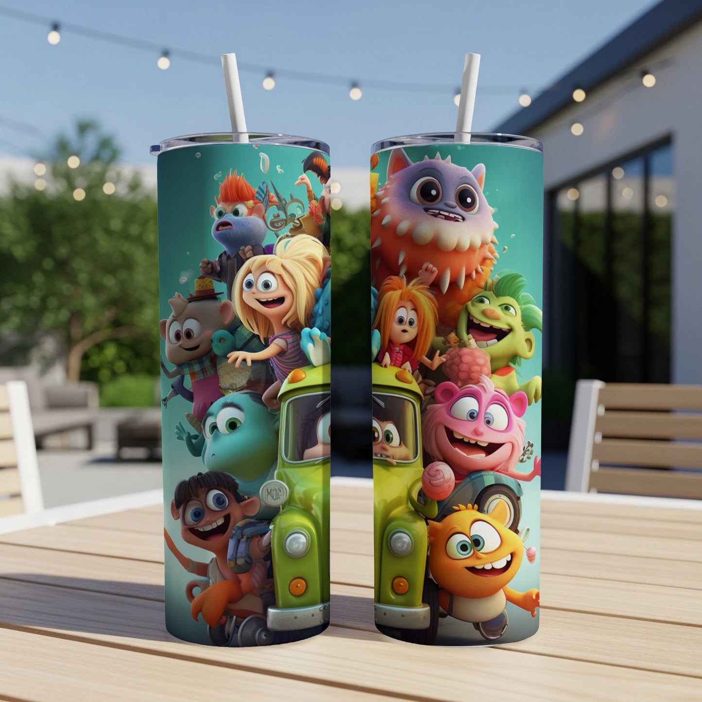 Two tumblers featuring a group of colorful, cartoon monsters in a green vehicle.