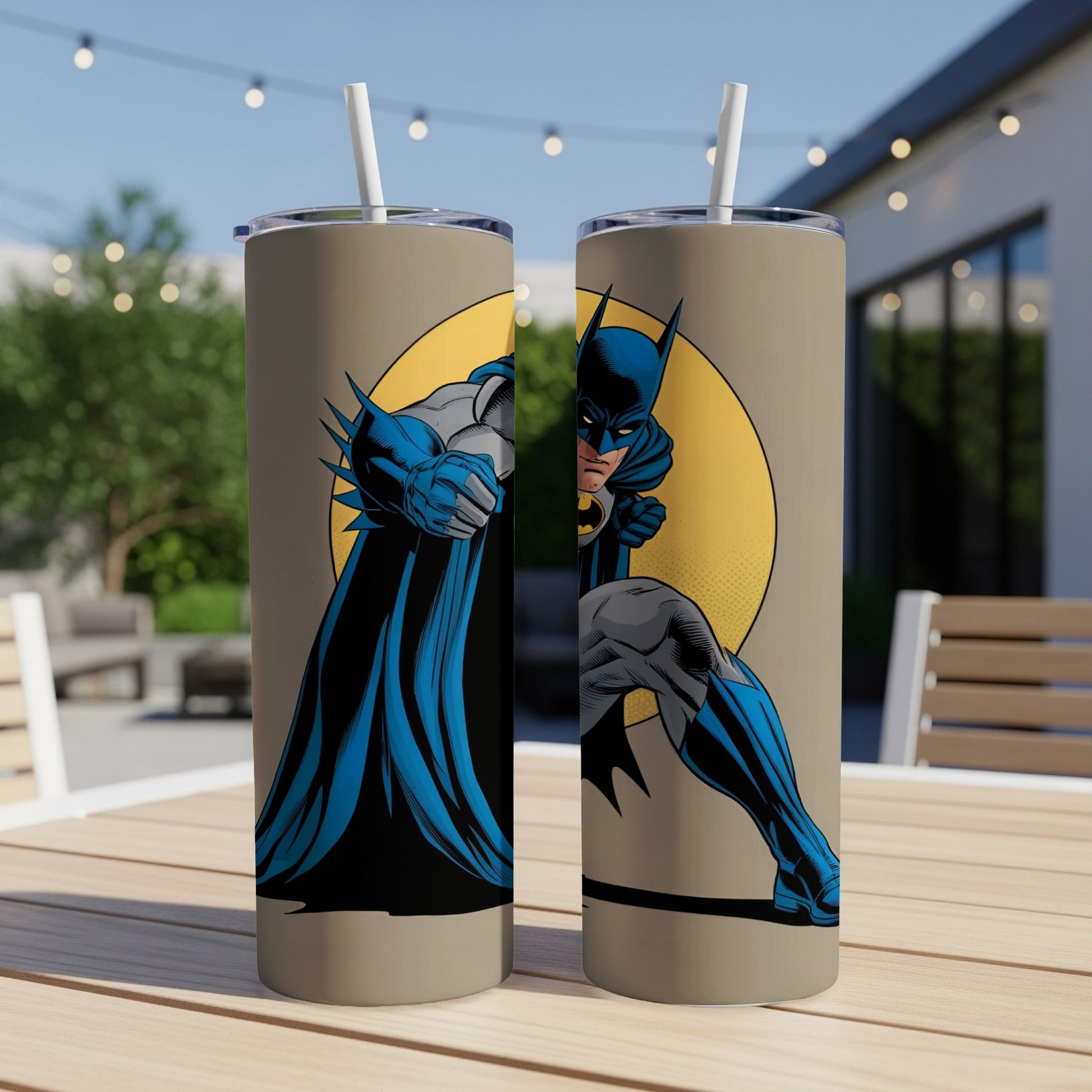 Batman illustration on a tan tumbler with a yellow circle background.