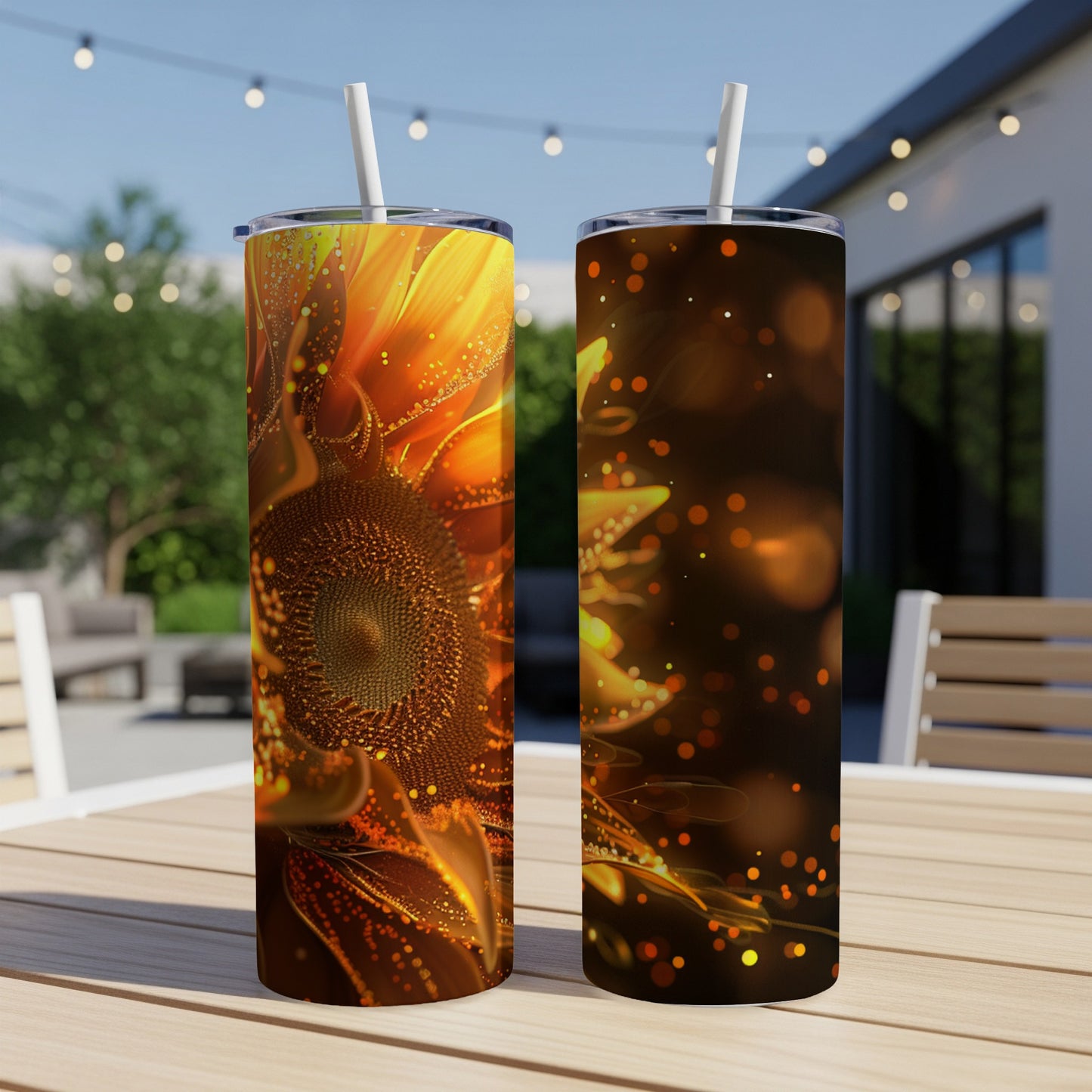 Two tumblers featuring a close-up, illuminated sunflower design.