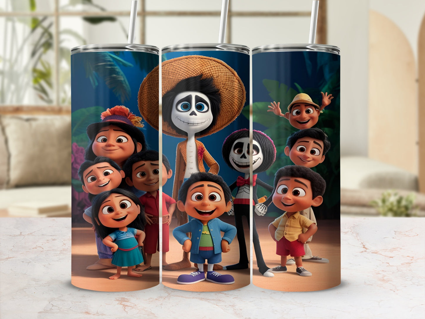 Coco movie characters mug with straws, featuring Miguel and Hector.
