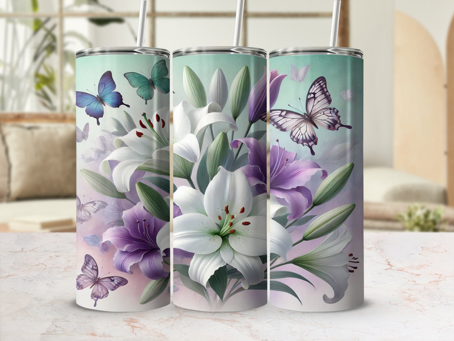 Colorful Floral and Butterfly Design Tumbler Cup