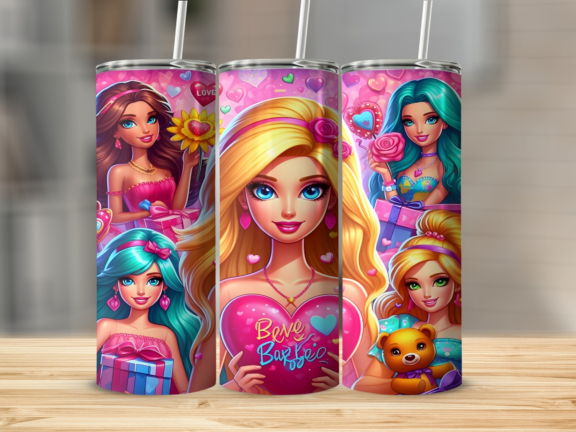 Barbie dolls with pink heart, gifts, and flowers on pink background.