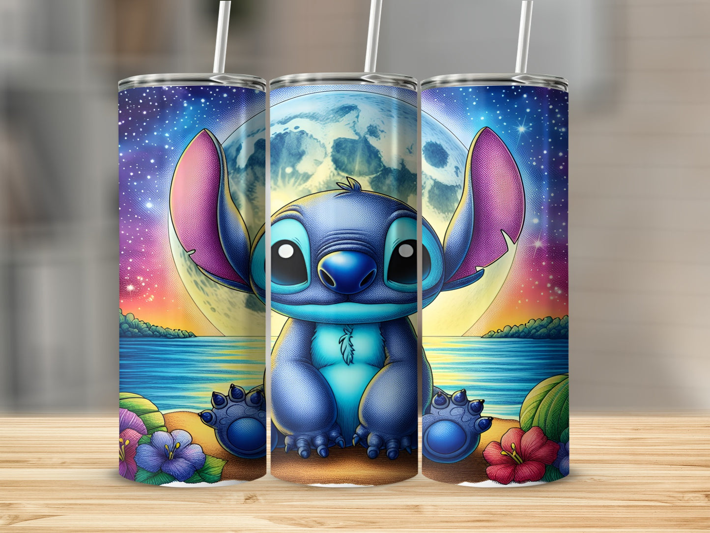 Stitch sits on a beach with a large moon in the background.