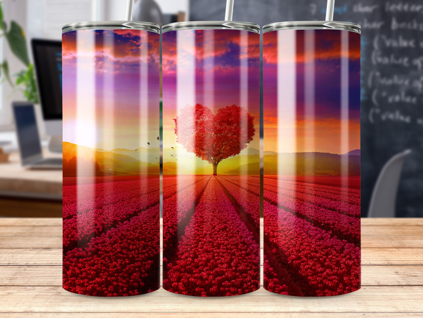 Vibrant Sunset Heart Tree Red Tulips Field product type