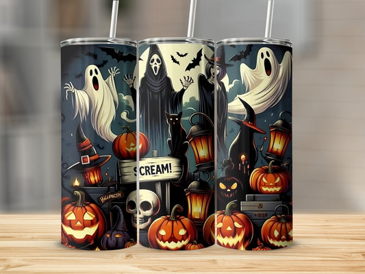 Halloween tumblers with ghosts, witches, bats, pumpkins, and a "Scream!" sign.