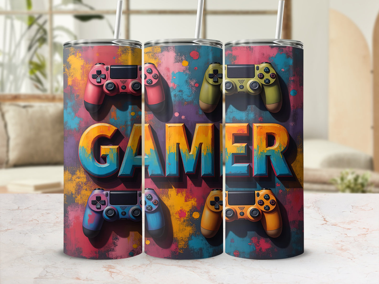 Gamer tumbler with colorful controllers and large "GAMER" text.