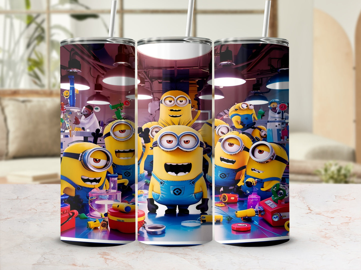 Minions in a laboratory setting with tools and beakers on a counter.