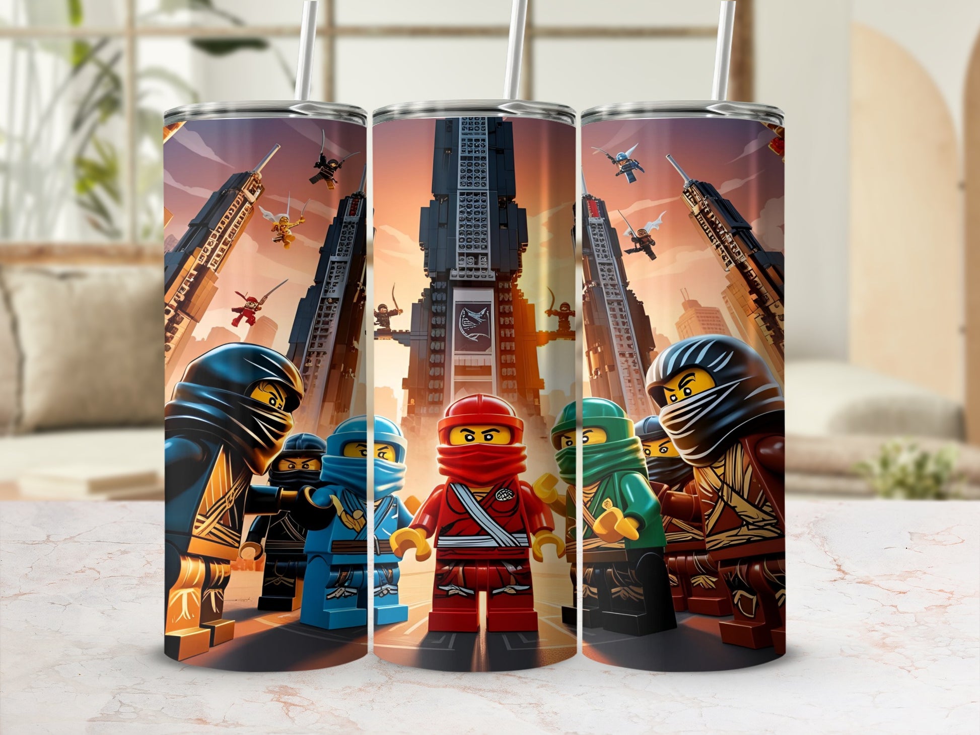Ninjago characters standing in front of a cityscape with buildings and helicopters.
