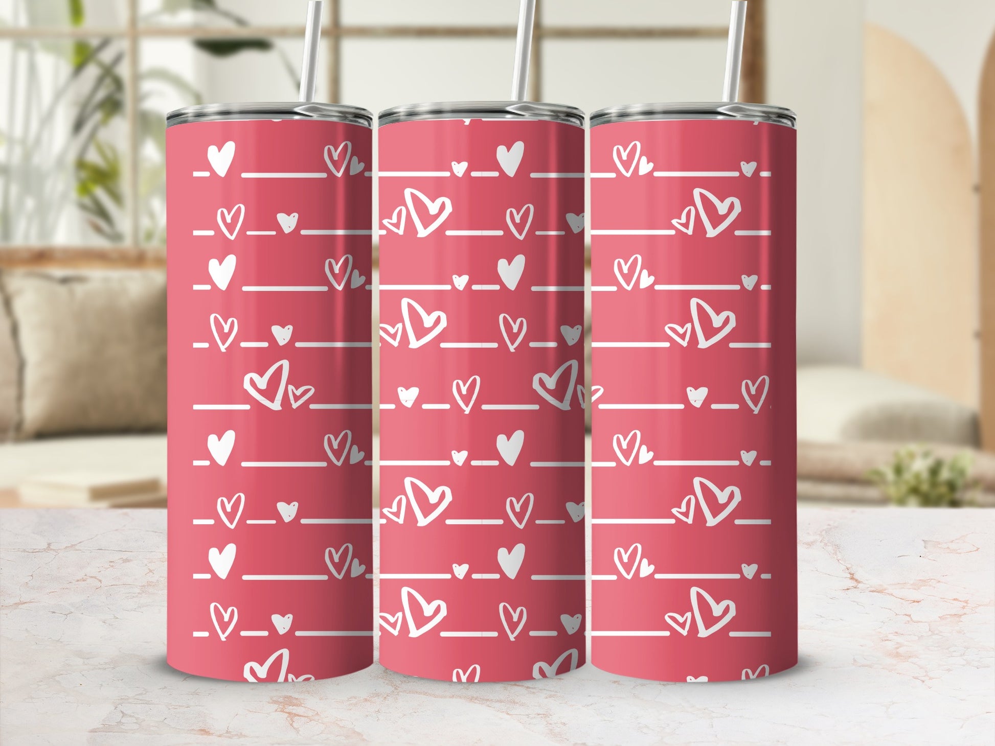 Pink Tumbler with Heart Patterns Stylish Drinkware